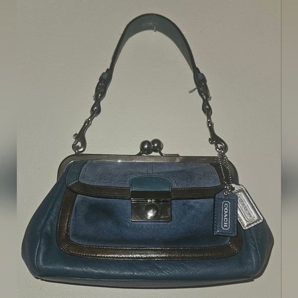 Coach Y2K Vintage Satchel Bag Blue Leather Suede Kiss Lock RARE Limited Edition - Picture 3 of 17
